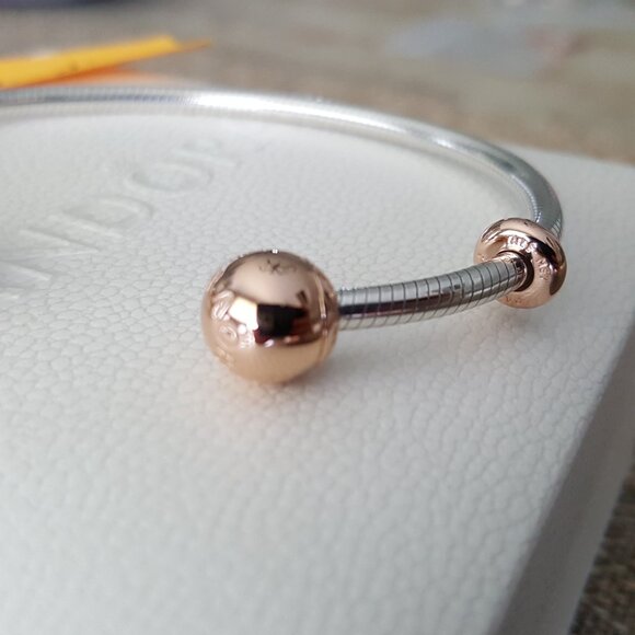 RARE Pandora Two-Tone Rose Gold Silver Moments Snake Chain Open Bracelet Bangle - Picture 11 of 12